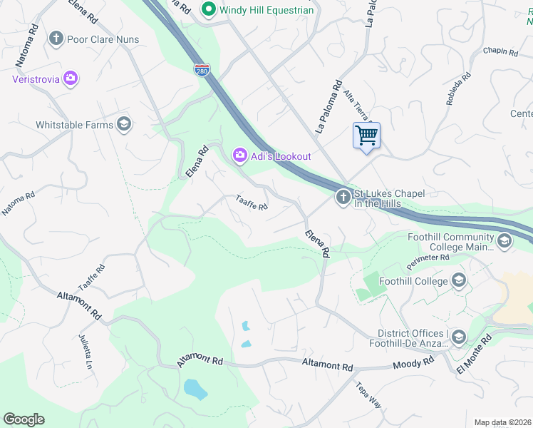 map of restaurants, bars, coffee shops, grocery stores, and more near 26350 Taaffe Road in Los Altos Hills