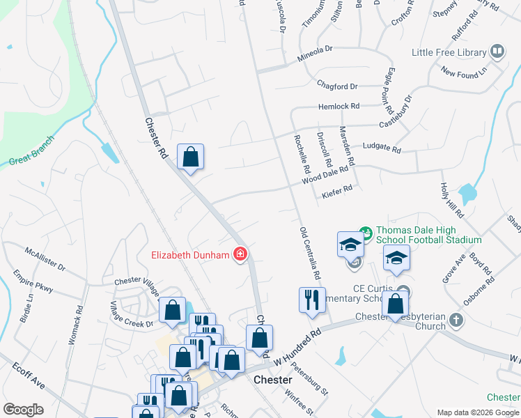 map of restaurants, bars, coffee shops, grocery stores, and more near 11521 Chester Road in Chester