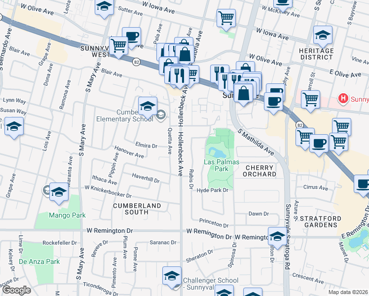 map of restaurants, bars, coffee shops, grocery stores, and more near 842 Hollenbeck Avenue in Sunnyvale