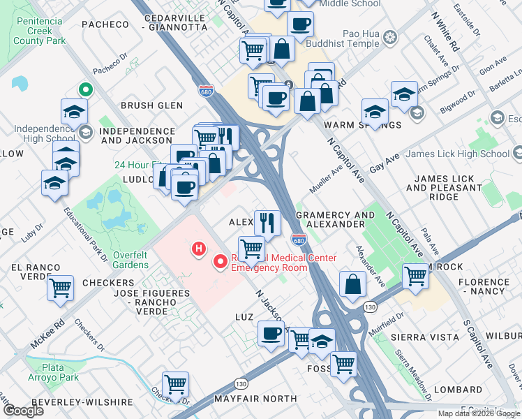 map of restaurants, bars, coffee shops, grocery stores, and more near 221 Pamela Avenue in San Jose