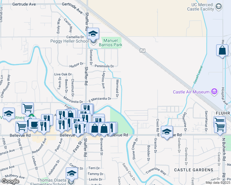 map of restaurants, bars, coffee shops, grocery stores, and more near 3012 Mermaid Drive in Atwater