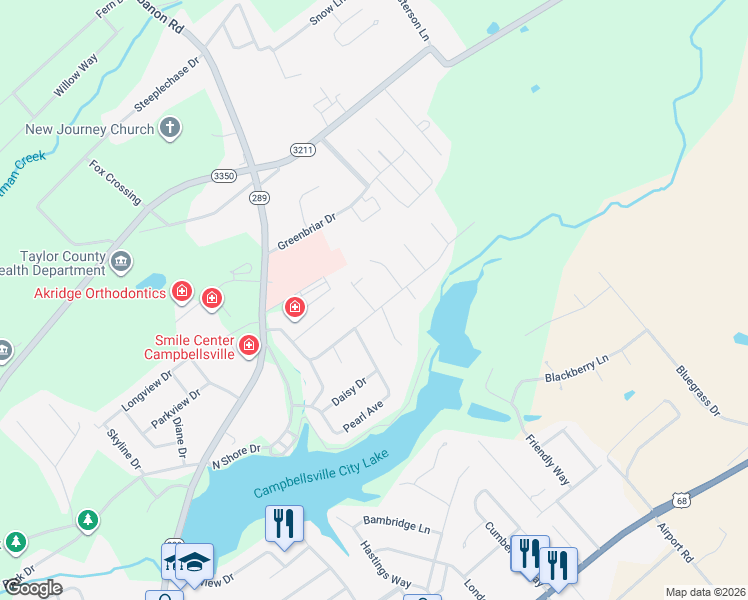 map of restaurants, bars, coffee shops, grocery stores, and more near 100 Buttercup Lane in Campbellsville