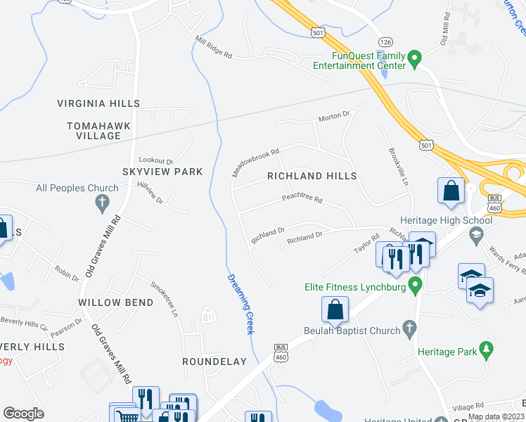 map of restaurants, bars, coffee shops, grocery stores, and more near 7133 Peachtree Road in Lynchburg