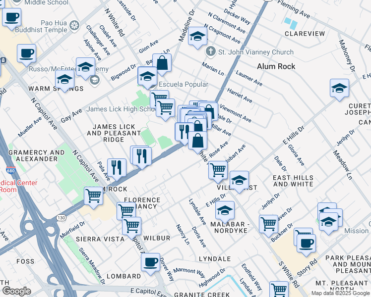 map of restaurants, bars, coffee shops, grocery stores, and more near 3054 Alum Rock Avenue in San Jose