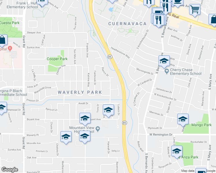 map of restaurants, bars, coffee shops, grocery stores, and more near 2708 Diericx Drive in Mountain View
