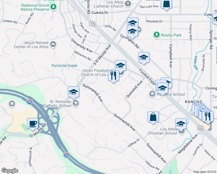 map of restaurants, bars, coffee shops, grocery stores, and more near 875 Madonna Way in Los Altos