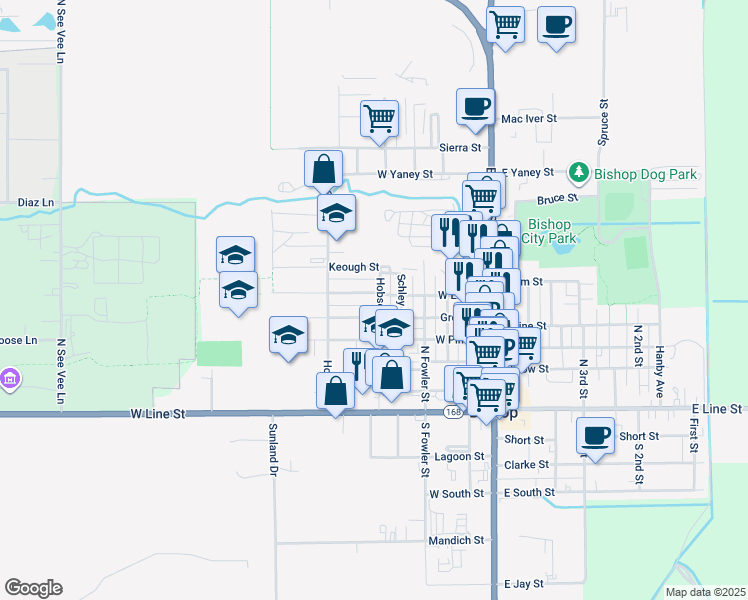 map of restaurants, bars, coffee shops, grocery stores, and more near 637 Grove Street in Bishop