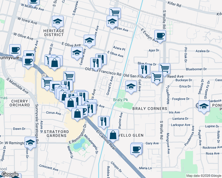 map of restaurants, bars, coffee shops, grocery stores, and more near 669 Grand Fir Avenue in Sunnyvale