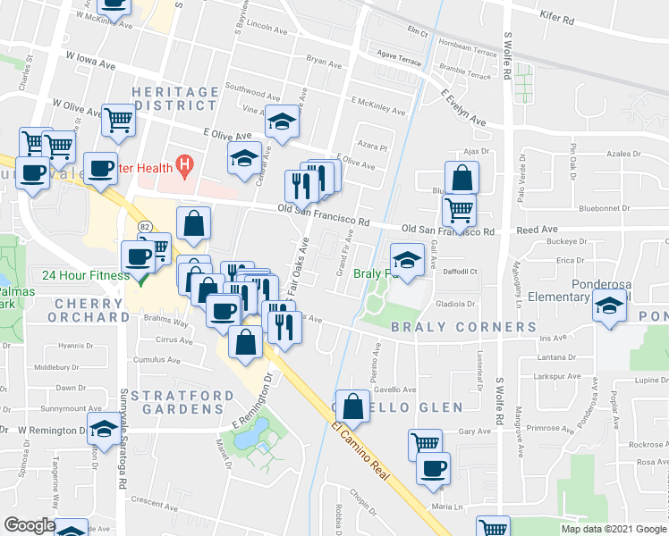 map of restaurants, bars, coffee shops, grocery stores, and more near 669 Grand Fir Avenue in Sunnyvale