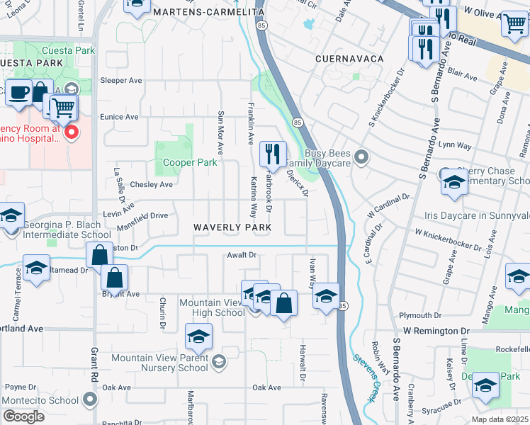 map of restaurants, bars, coffee shops, grocery stores, and more near 2713 Fairbrook Drive in Mountain View