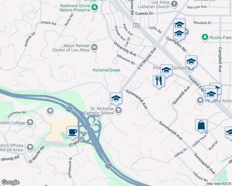 map of restaurants, bars, coffee shops, grocery stores, and more near 1 Bay Tree Lane in Los Altos