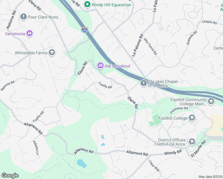 map of restaurants, bars, coffee shops, grocery stores, and more near 26350 Taaffe Road in Los Altos Hills