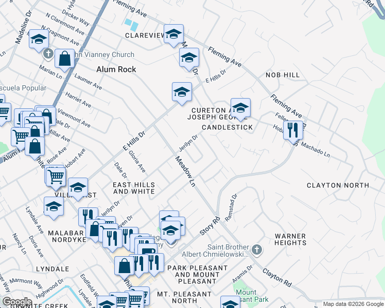 map of restaurants, bars, coffee shops, grocery stores, and more near 10311 Ashdale Drive in San Jose