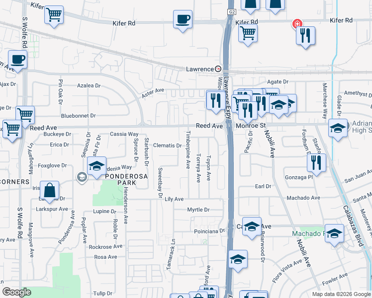 map of restaurants, bars, coffee shops, grocery stores, and more near in Sunnyvale