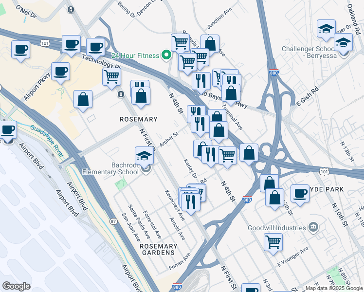 map of restaurants, bars, coffee shops, grocery stores, and more near 1580 Kerley Drive in San Jose