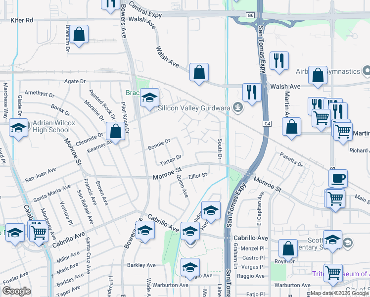 map of restaurants, bars, coffee shops, grocery stores, and more near 2325 Mission Glen Drive in Santa Clara
