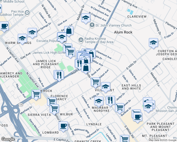 map of restaurants, bars, coffee shops, grocery stores, and more near 50 S White Rd in San Jose