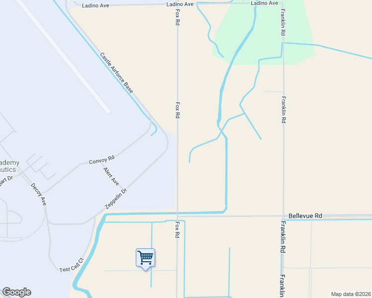 map of restaurants, bars, coffee shops, grocery stores, and more near 5300 Fox Road in Merced