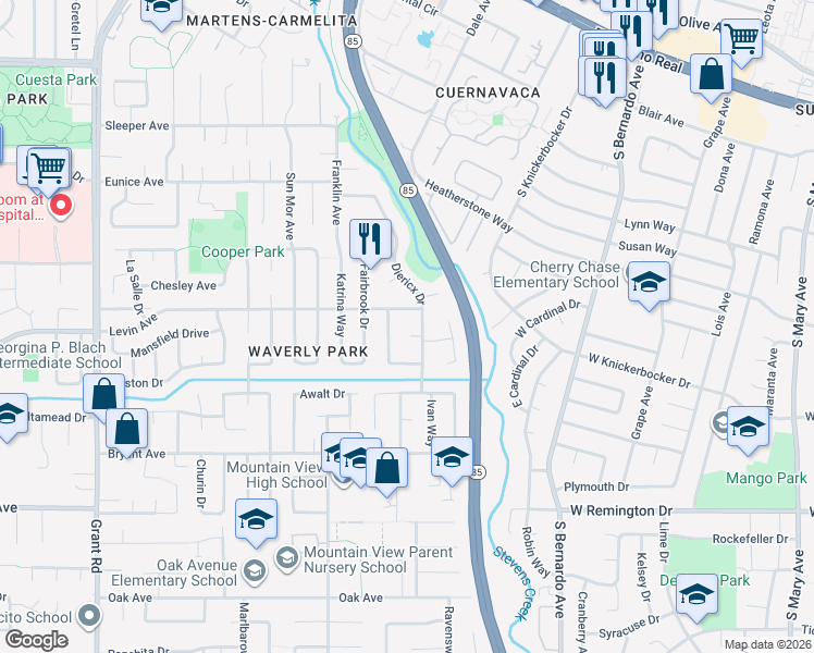 map of restaurants, bars, coffee shops, grocery stores, and more near 2708 Diericx Drive in Mountain View