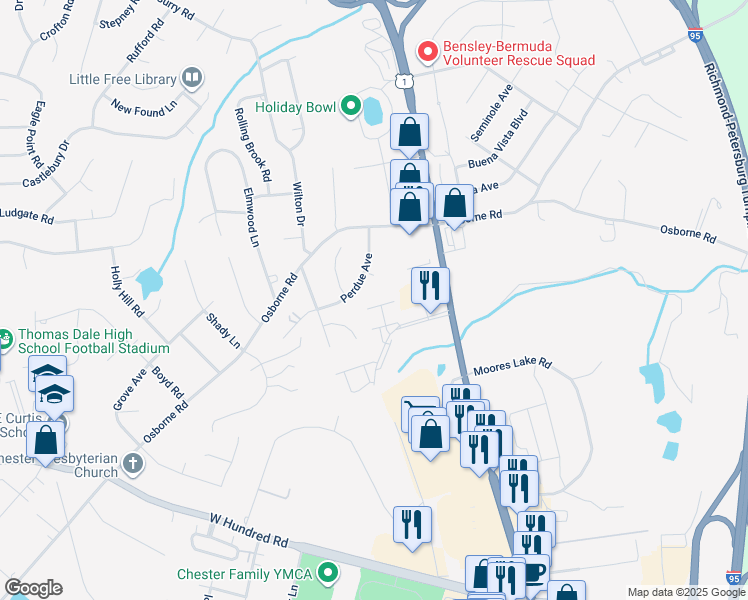 map of restaurants, bars, coffee shops, grocery stores, and more near 2810 Goyne Terrace in Chester