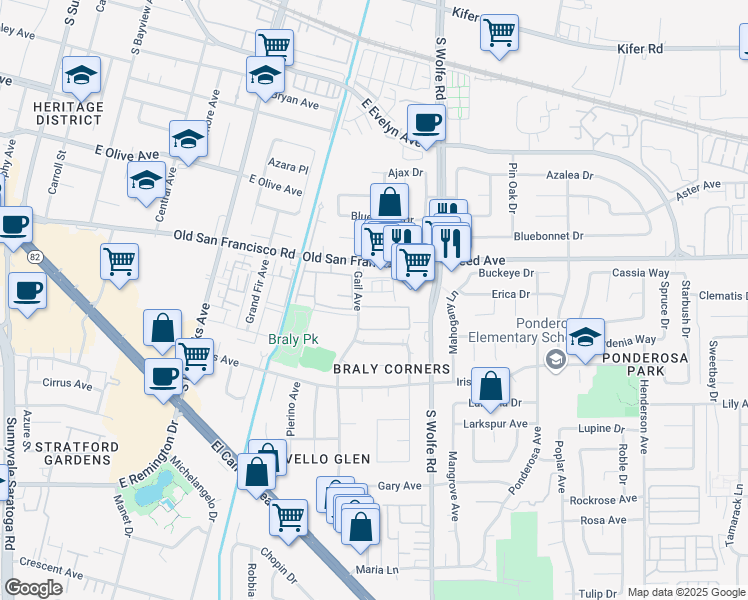 map of restaurants, bars, coffee shops, grocery stores, and more near 750 Calla Drive in Sunnyvale
