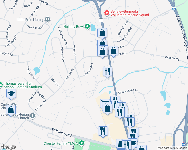 map of restaurants, bars, coffee shops, grocery stores, and more near 2802 Goyne Terrace in Chester