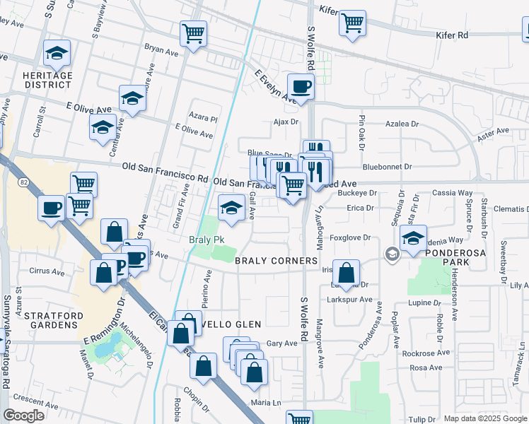 map of restaurants, bars, coffee shops, grocery stores, and more near 750 Calla Drive in Sunnyvale