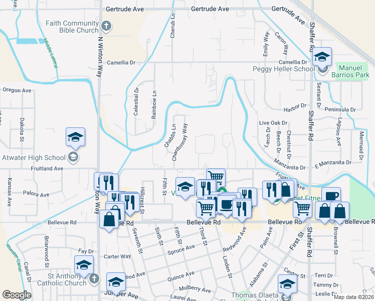 map of restaurants, bars, coffee shops, grocery stores, and more near 3066 Claret Circle in Atwater