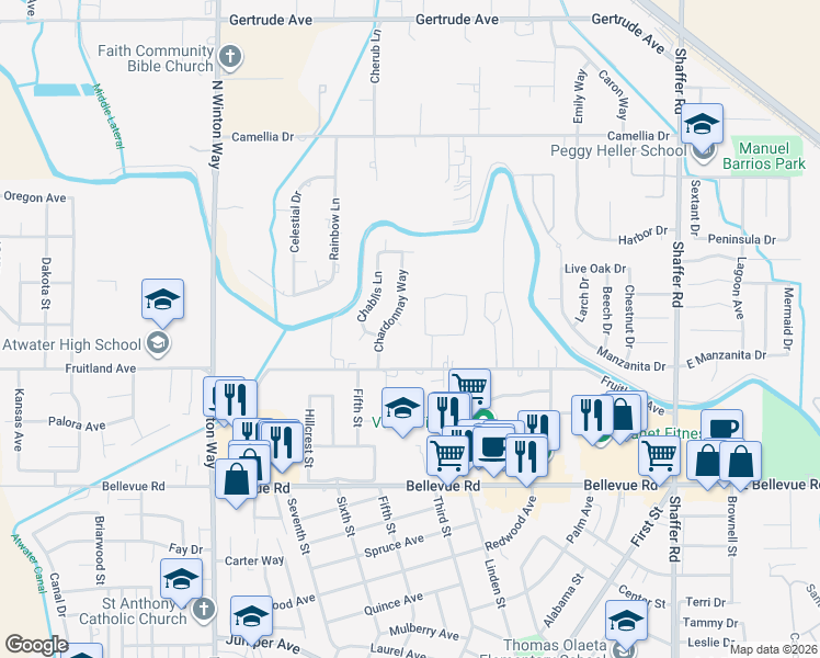 map of restaurants, bars, coffee shops, grocery stores, and more near 3066 Claret Circle in Atwater