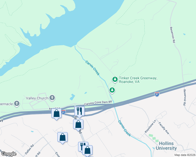 map of restaurants, bars, coffee shops, grocery stores, and more near 8338 Plantation Road in Roanoke