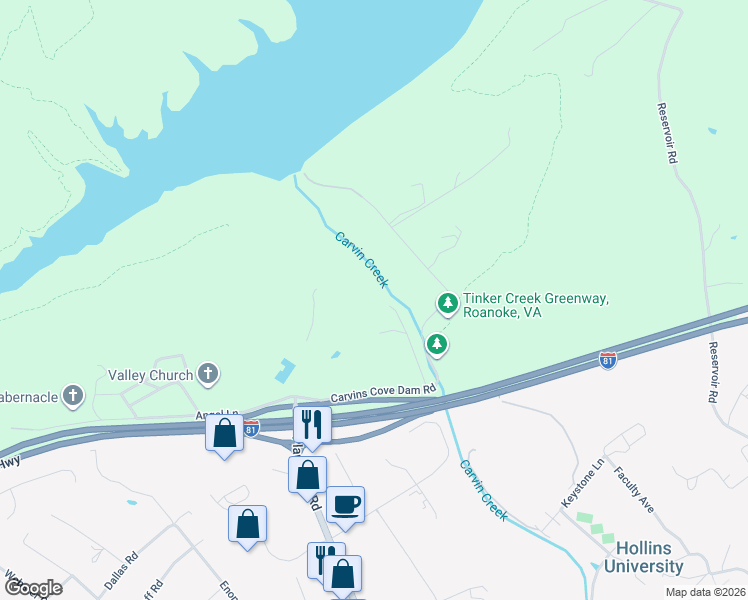 map of restaurants, bars, coffee shops, grocery stores, and more near 8338 Plantation Road in Roanoke