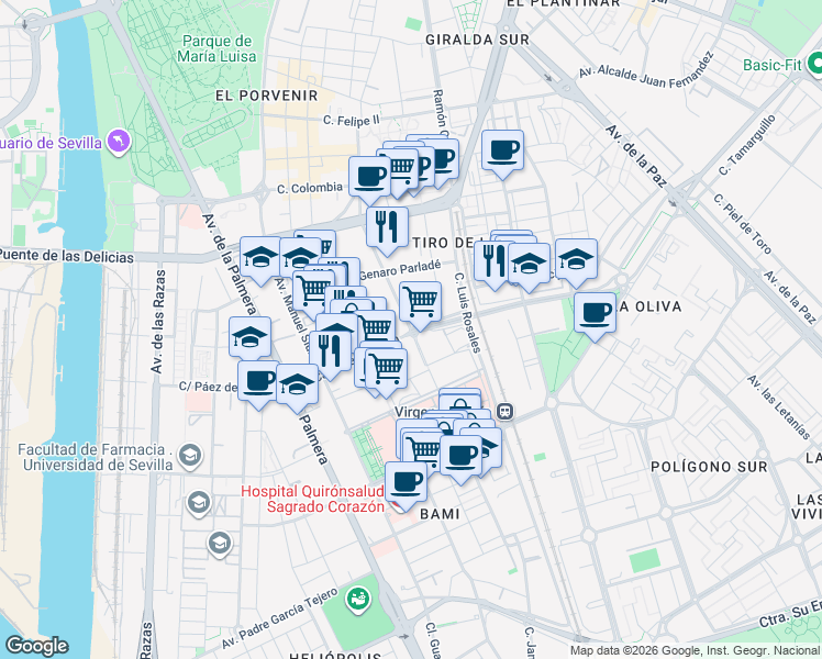 map of restaurants, bars, coffee shops, grocery stores, and more near Calle Antonio Maura Montaner in Sevilla