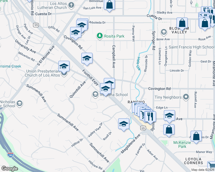 map of restaurants, bars, coffee shops, grocery stores, and more near 451 Fremont Avenue in Los Altos