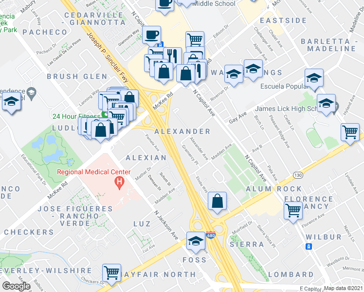 map of restaurants, bars, coffee shops, grocery stores, and more near 207 Gramercy Place in San Jose