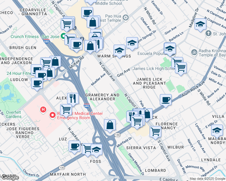 map of restaurants, bars, coffee shops, grocery stores, and more near 2621 Madden Avenue in San Jose