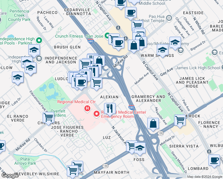 map of restaurants, bars, coffee shops, grocery stores, and more near 236 Montclair Avenue in San Jose
