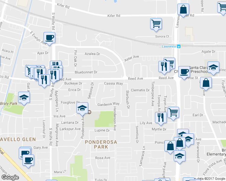 map of restaurants, bars, coffee shops, grocery stores, and more near 1041 Fernleaf Drive in Sunnyvale