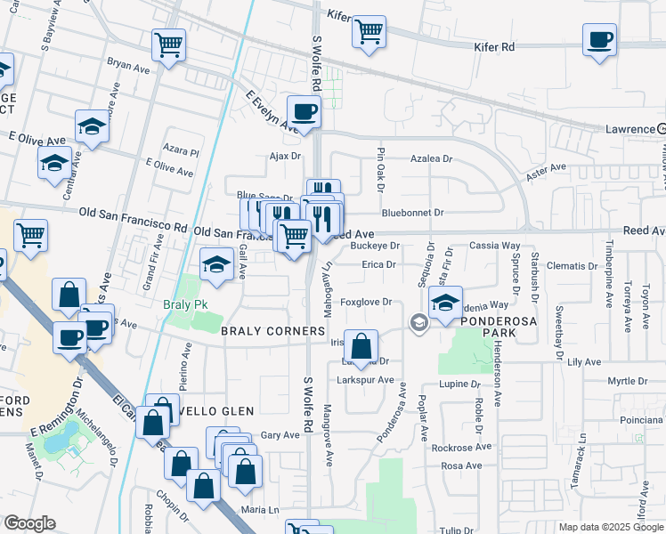 map of restaurants, bars, coffee shops, grocery stores, and more near 764 Mahogany Lane in Sunnyvale