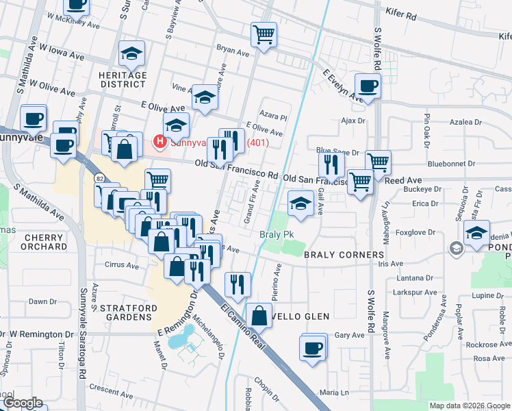 map of restaurants, bars, coffee shops, grocery stores, and more near 669 Grand Fir Avenue in Sunnyvale