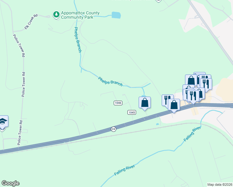 map of restaurants, bars, coffee shops, grocery stores, and more near 218-250 Lakeview Road in Appomattox