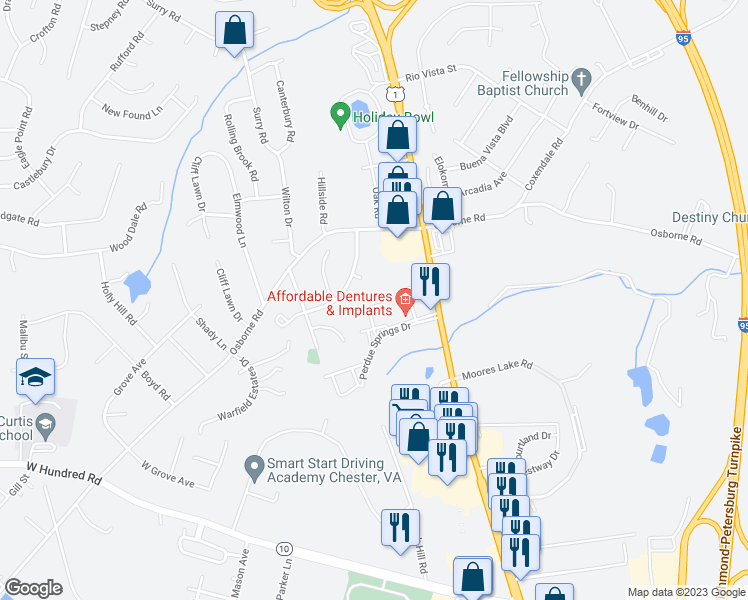map of restaurants, bars, coffee shops, grocery stores, and more near 2718 Goyne Terrace in Chester