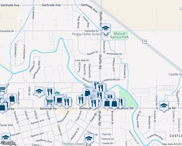 map of restaurants, bars, coffee shops, grocery stores, and more near 173 Apricot Court in Atwater