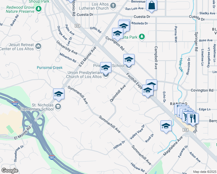 map of restaurants, bars, coffee shops, grocery stores, and more near 906 Madonna Way in Los Altos