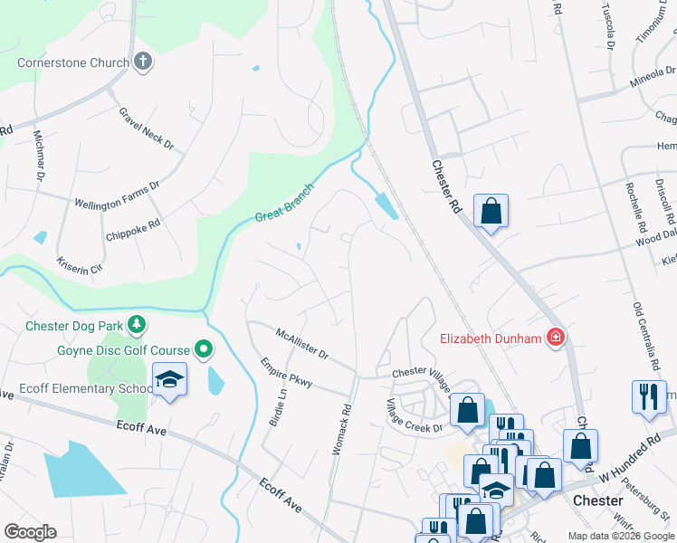 map of restaurants, bars, coffee shops, grocery stores, and more near 11508 Womack Rd in Chester