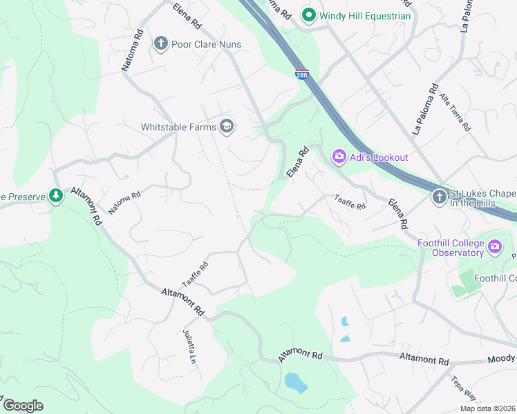 map of restaurants, bars, coffee shops, grocery stores, and more near 26727 Taaffe Road in Los Altos Hills