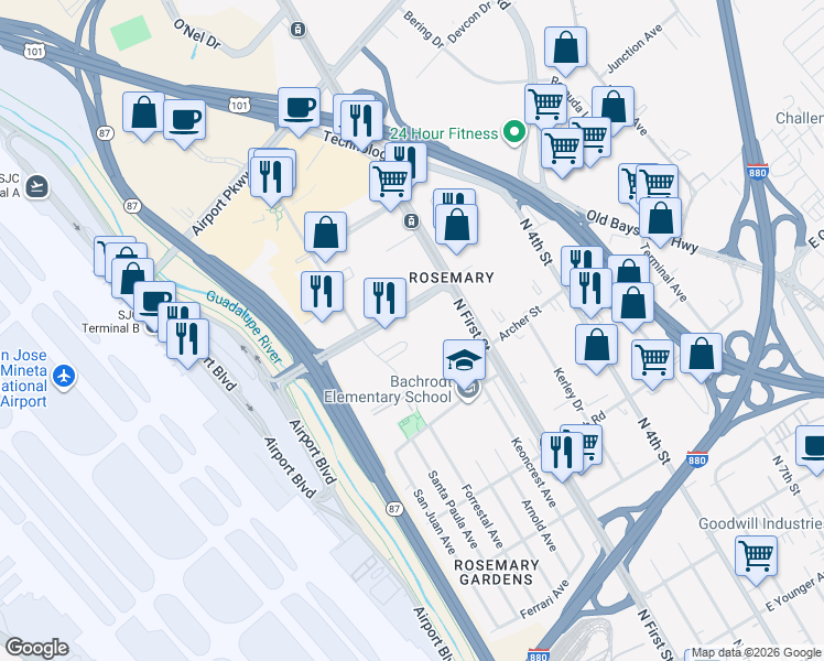 map of restaurants, bars, coffee shops, grocery stores, and more near 1700 Technology Drive in San Jose