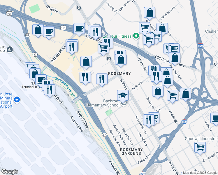 map of restaurants, bars, coffee shops, grocery stores, and more near 1700 Technology Drive in San Jose