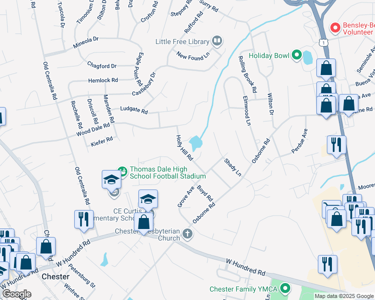 map of restaurants, bars, coffee shops, grocery stores, and more near 11701 Holly Hill Road in Chester
