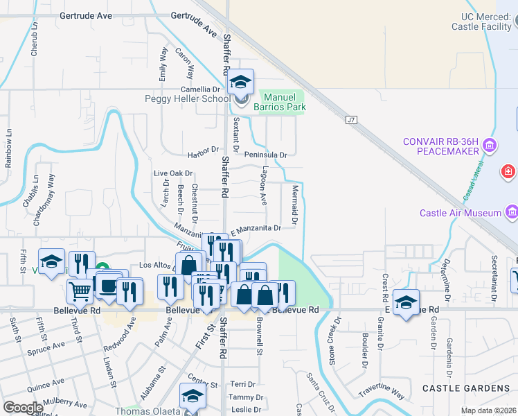 map of restaurants, bars, coffee shops, grocery stores, and more near 220 Ocean Court in Atwater