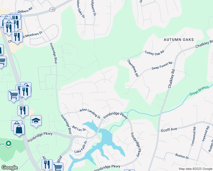 map of restaurants, bars, coffee shops, grocery stores, and more near 6306 Oak Arbor Court in Chester
